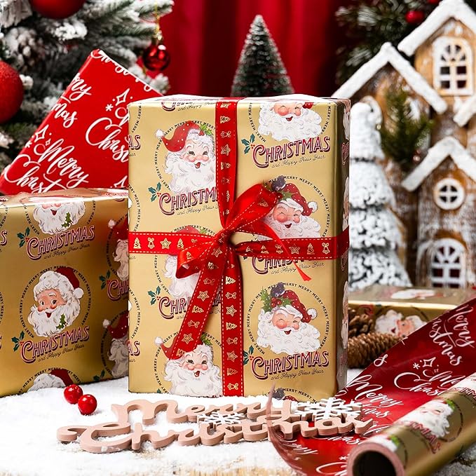 MAYPLUSS Christmas Wrapping Paper - 17 Inch X 33 Feet - Santa Claus Reversible Merry Christmas Gift Wrapping Paper, Metallic Foil Thick Gift Wrap Paper for Holiday Party New Year Kids