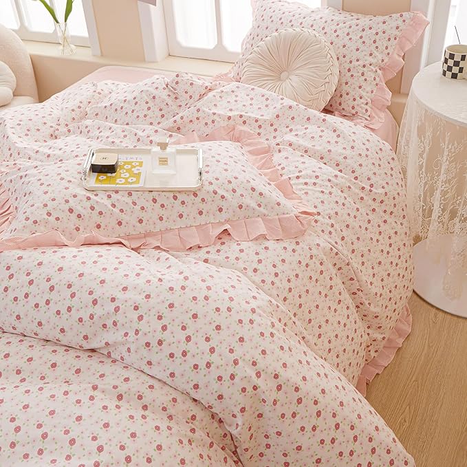 Floral Ruffe Duvet Cover King Garden Flower Print Lace Duvet Cover 100% Cotton Girls Floral Comforter Cover Reversible Pink Striped Ruffle Comforter Cover Romantic Lace Princess Bedding Set King
