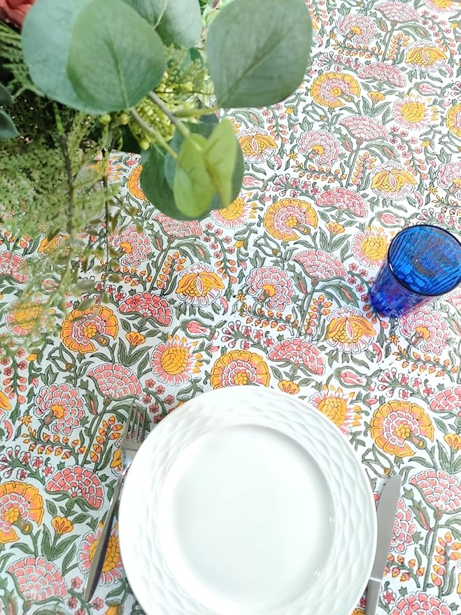 ATOSII Clover Yellow 100% Cotton Rectangle Fall Tablecloth, Handblock Floral Print Linen Table Cloth for Kitchen Dining I Parties, Weddings, Outdoors, Christmas, Thanksgiving Decor 60 X 90 Inches