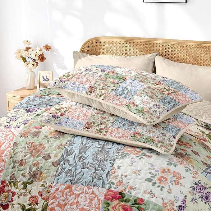 Quilt Set King Size, Vintage Patchwork Floral 3 Pcs Soft Bed Cover Bedding Set, Boho Mid Century Lightweight Bedspread Coverlet with 2 Pillow Sham for All Season