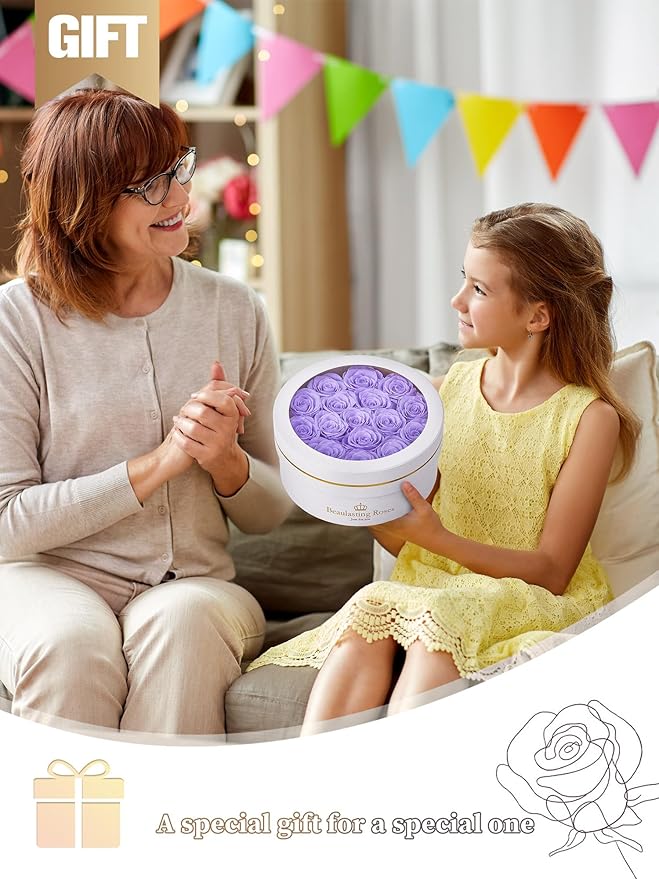Preserved Roses Forever Flowers Real Roses in a Box Mother's Day Birthday Flowers for Her Mom Women Wife Valentine's Day, 16 Light Purple Roses