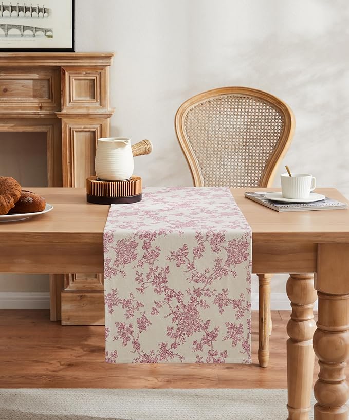 100% Cotton French Pastoral Table Runners, 13x90 Inch Pink Farmhouse Table Runners 90 Inches Long, Vintage Flowers Print Home Decors