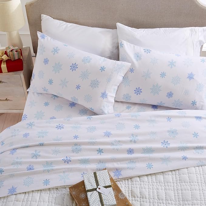 Market & Place 100% Turkish Cotton Flannel Sheet Set | 3 Piece Deep Pocket Novelty Cozy Winter Bed Sheets | Double Brushed for Extra Softness & Comfort | Alpine Collection (Twin, Blue Snowflake)
