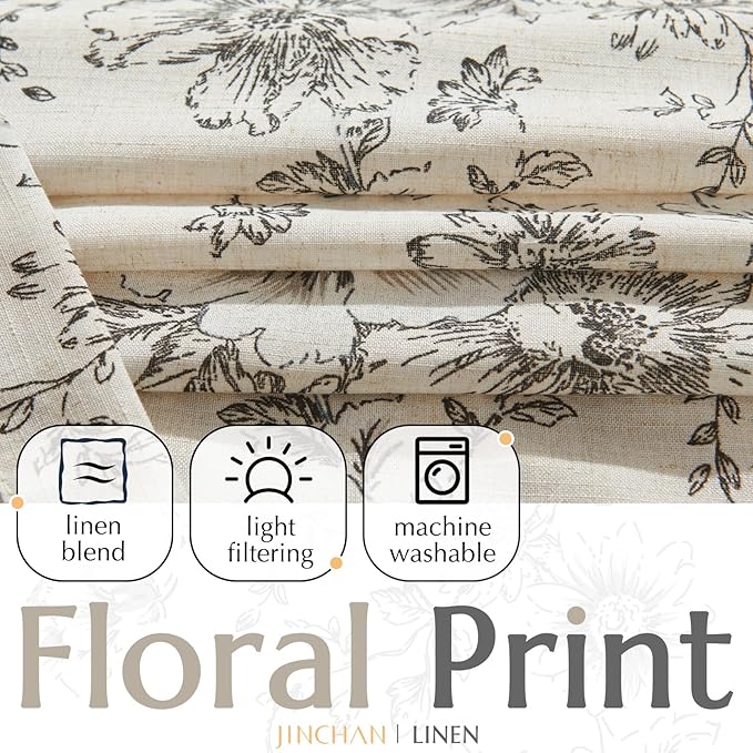 jinchan Lined Linen Blend Curtain Floral Curtains for Living Room 90 Inches Long Black Peony Flower Printed Curtain Back Tab Farmhouse Patterned Drapes Bedroom Window Curtains Set 2 Panels