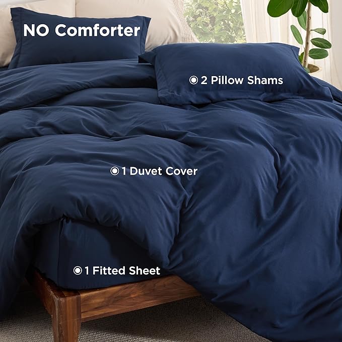 Bedsure Duvet Cover with Fitted Sheet Queen - Warm Deep Pocket, Hotel Luxury Soft Double Brushed Bedding Set with Zipper Closure, 1 Duvet Cover, 1 Fitted Sheet, 2 Pillow Shams, NO Comforter, Blue