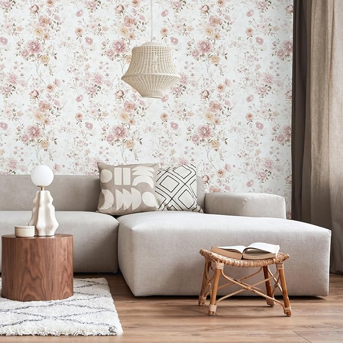 Vintage Floral Peel and Stick Wallpaper Pink Vintage Contact Paper 17in×196in Pink Rose Wallpaper Self Adhesive Removable Boho Wall Paper Waterproof for Bathroom Bedroom Decorative Vinyl Roll