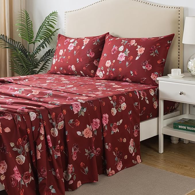 FADFAY Red Rose Sheets Twin XL Vintage Rose Floral Bedding Chic Rose Flower Sheets Shabby Farmhouse Bedding 100% Egyptian Cotton 800 Thread Count Deep Pocket Fitted Sheet 4Pcs, Twin XL for Dorm Room