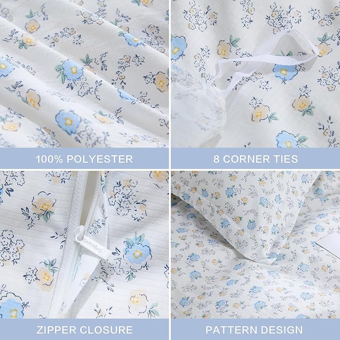 SAPHREAS Blue Yellow White Floral Duvet Cover Set Soft Microfiber Bedding Set Garden Style Spring 3pcs King Size 1 Duvet Cover with Zipper Closure 8 Ties 2 Pillow Shams