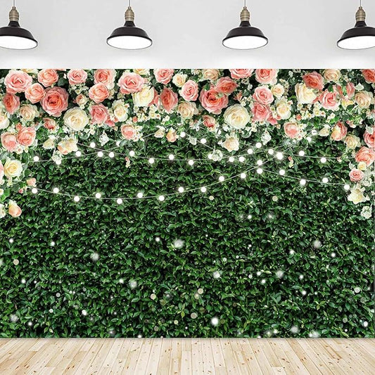 Sensfun Flower Wall Backdrop Spring Pink Rose Blossom Green Leaves Photography Background Floral Grass Birthday Baby Shower Miss to Mrs Wedding Bridal Shower Backdrops Portrait Photo Booth Props 7x5ft