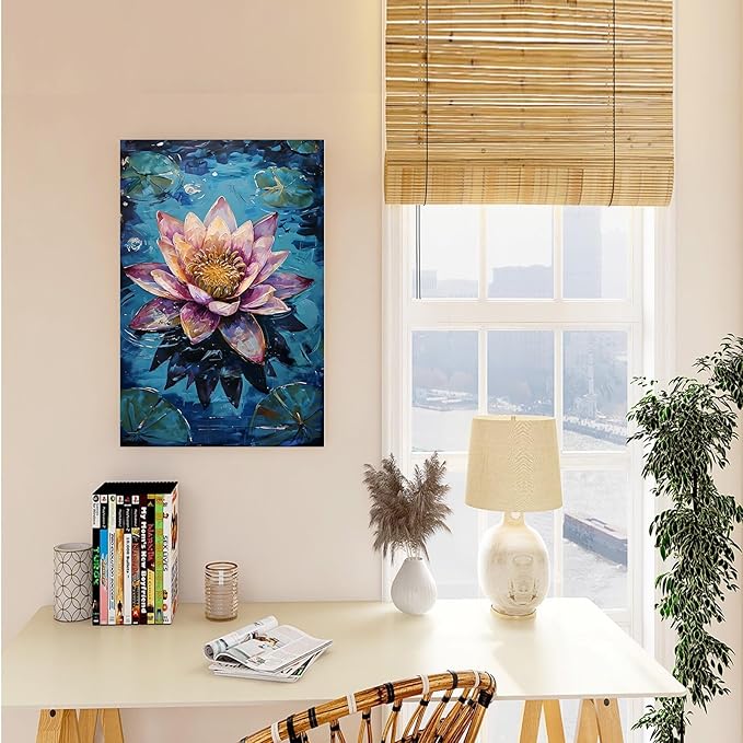 Gorgeous pink and purple water lilies on deep blue water Eye-catching oil painting Serene aquatic wall art for modern home decor 28x40in Frameless