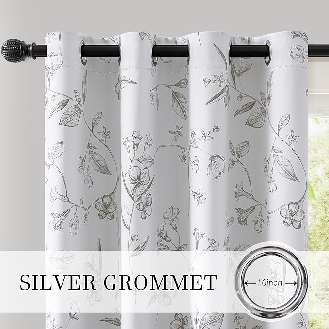 ChrisDowa 100% Blackout Floral Curtains 96 Inches Long 2 Panels for Bedroom Living Room Grey Flower Patterned Room Darkening Thermal Insulated Soundproof Grommet Window Treatments Drapes,52X96