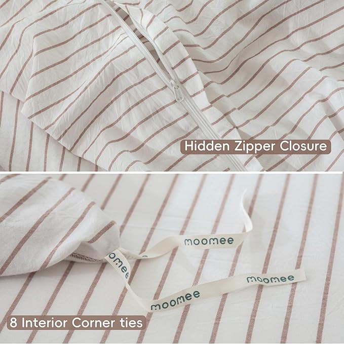 MooMee Striped Duvet Cover Set 100% Washed Cotton Linen Like Textured Breathable Durable Soft Comfy (White Orange Wide Stripes, Queen 90"x90")