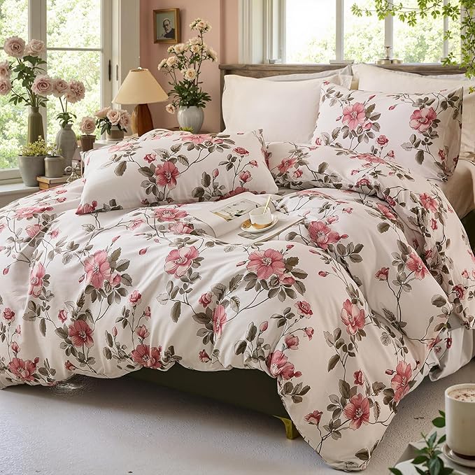 Bedding_Dreamer Floral Comforter Set 100% Cotton Comforter Sets King 3pcs Vintage Boho Cottagecore Floral Bedding Ultra Fluffy Soft Reversible Lightweight All Seasons
