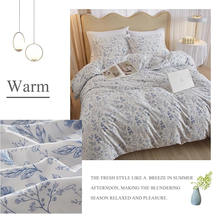 3 Pieces Duvet Cover King Size White Bedding Duvet Cover with Blue Floral Print,Coquette Bedding Soft Cotton Comforter Cover Boho Style,Aesthetic King Bedding Set with Zipper Closure 4 Ties