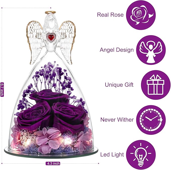 Mothers Day Rose Gifts for Women, Large Angel Figurines with Real Roses, Preserved Real Flower Rose for Her,Full Purple