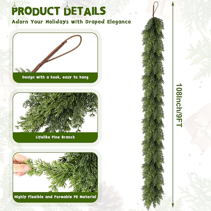Real Touch Cedar Garland, Christmas Artificial Realistic Faux Cypress Pine Garlands, Christmas Greenery Garland Decorations for Mantle, Table, Stairs, Doorframe, Fireplace, Winter Garlands(9FT)