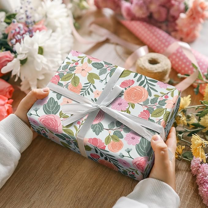 LeZakaa Floral Wrapping Paper Roll, Pink Rose, Flowers & Green Leaves Party Gift Wrap for Wedding, Bridal Shower, Anniversary, Mother's Day, Birthday, 17 inches x 16.4 Feet (23.2 sq.ft.)