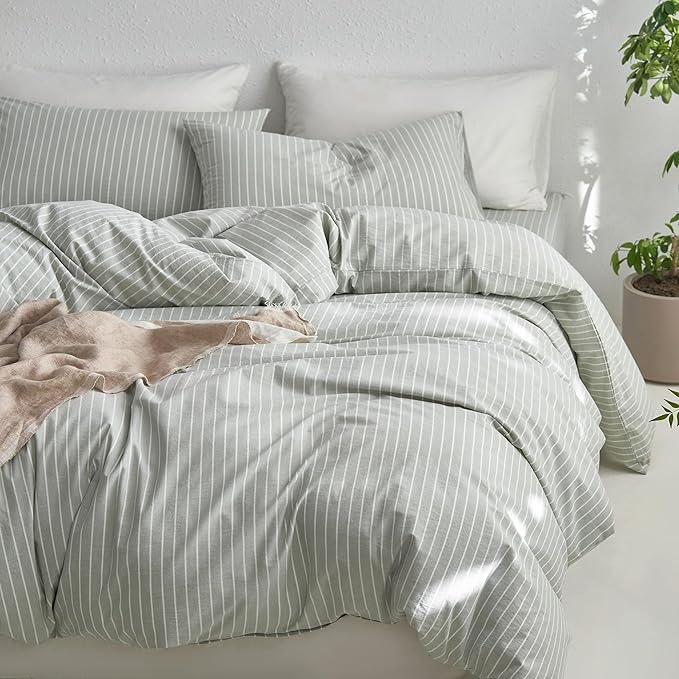 MooMee Striped Duvet Cover Set 100% Washed Cotton Linen Like Textured Breathable Durable Soft Comfy (Sage Green White Wide Stripes, Cal King 104"x98")
