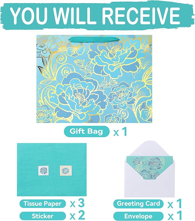 16.5” Extra Large Rose Green Gift Bag Set with Handles, Greeting Card, Tissue Papers and Stickers for Women Girls for Birthday, Wedding, Valentine's Day and Mother’s Day, Foil Traced Flowers Design, 1 Pcs