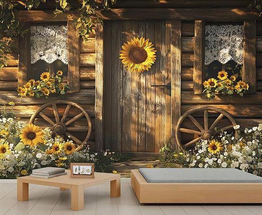 KIREUPA Rustic Cabin Sunflower Wall Mural, Vintage Cottage Door Sunflower 3d Wall Murals, Farmhouse Nature Wallpaper Mural, for Living Room Bedroom Large Wallpaper Indoor Decor 59" W x39.4 H