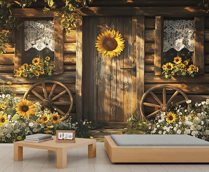 Rustic Cabin Sunflower Wall Mural, Vintage Cottage Door Sunflower 3D Wall Murals, Farmhouse Nature Wallpaper Mural, for Living Room Bedroom Large Wallpaper Indoor Decor 197" W x124.8 H