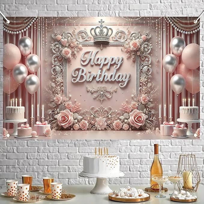 Starlit Patio Elegant Pink Happy Birthday Banner Backdrop Princess Girls Party Decorations Photography Backgrounds Crown Roses Balloons Cake Table Photo Booth Props 71 x 43 inch