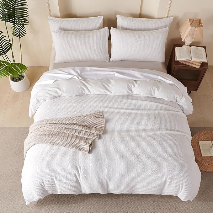 Queen Duvet Cover Striped White - Soft Luxury Washed Jacquard Microfiber 3 Pieces Bedding Set for All-Season with Zipper Closure & Corner Ties, Lightweight Comfort Breathable (No Comforter)