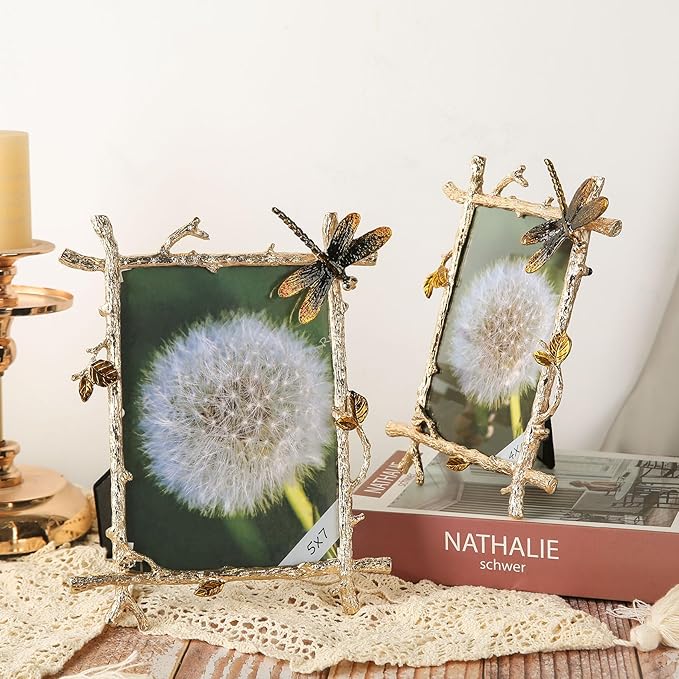 4x6 Picture Frame Brass Dragonfly Ornament Vintage Ornate Home Decor Gifts for Women Men Antique Gold Photo Frame with Glass Front Metal Brass Art Table Decor for Birthday Mothers Day