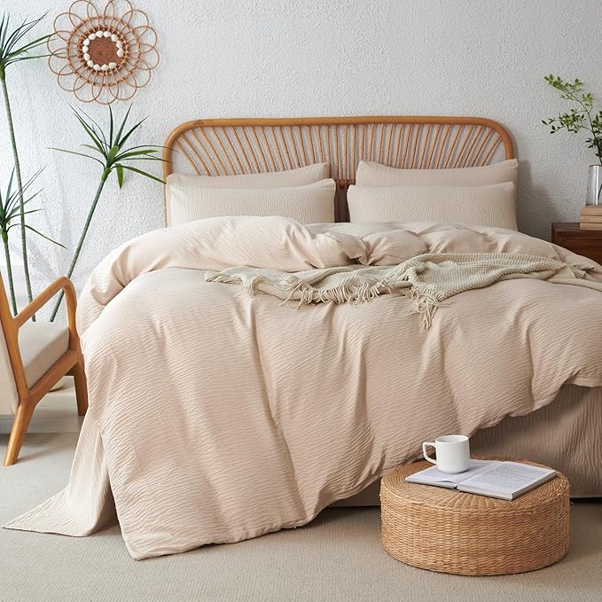 Queen Duvet Cover Set - 3 Piece Luxury Double-Layer Crinkle Gauze Bedding in Beige, All Season Soft Breathable Comfy Microfiber with Zipper Closure