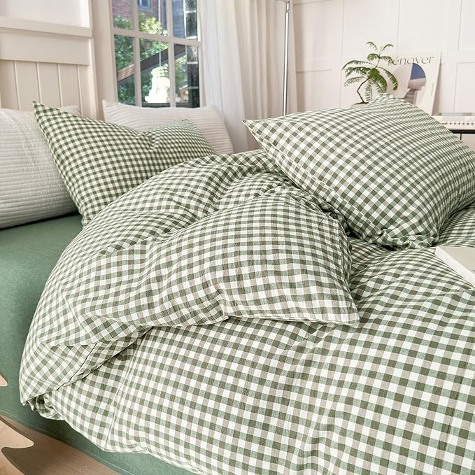 LifeTB Green Gingham Comforter Set King Modern Style Plaid Comforter Set 3 Pieces Boho Grid Comforter with 2 Pillowcases Soft Fluffy Checkered Pattern Comforter Farmhouse Gingham Bedding Set King