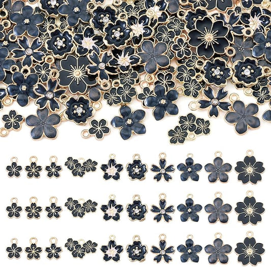 KISSITTY 100Pcs Light Gold Alloy Enamel Charms Cherry Blossom Flower Charm Bulk Gold Plated Pendant Cute Small Floral Dangle Charms for DIY Jewelry Making Kit Bracelet Necklace Keychain Crafts