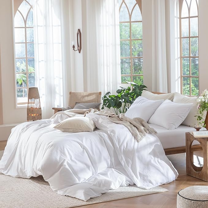 MooMee Bedding Duvet Cover Set 100% Washed Cotton Linen Like Textured Breathable Durable Soft Comfy (Solid Bright White, Alaska King 132"x120")