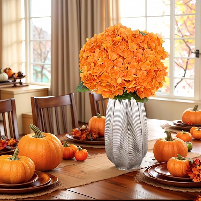 Kimura's Cabin 5Pcs 21inch Real Touch Artificial Hydrangea Flowers Realistic Latex Hydrangeas Long Stem with Leaves Hydrangea Bouquet for Home Wedding Baby Shower Birthday Party Decoration（Orange）