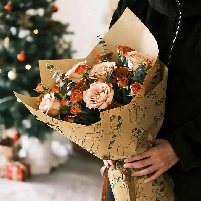LeZakaa 20 Sheets Kraft Christmas Flower Wrapping Paper, Green Santa Sketch on Kraft Floral Bouquet Paper Gift Wrap for Christmas, Winter Holiday Party Packaging