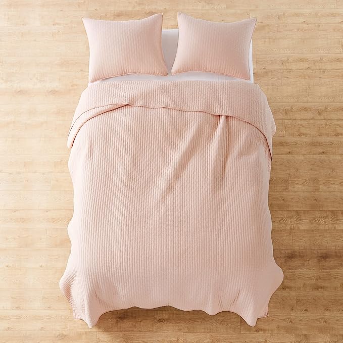 Levtex Home Cross Stitch Reversible King Bedspread Set (120x104in) with 2 Pillow Shams (36x20in) - Stitch Texture - Blush - Cotton King Size Bedspread Set - Soft, Pre-Washed