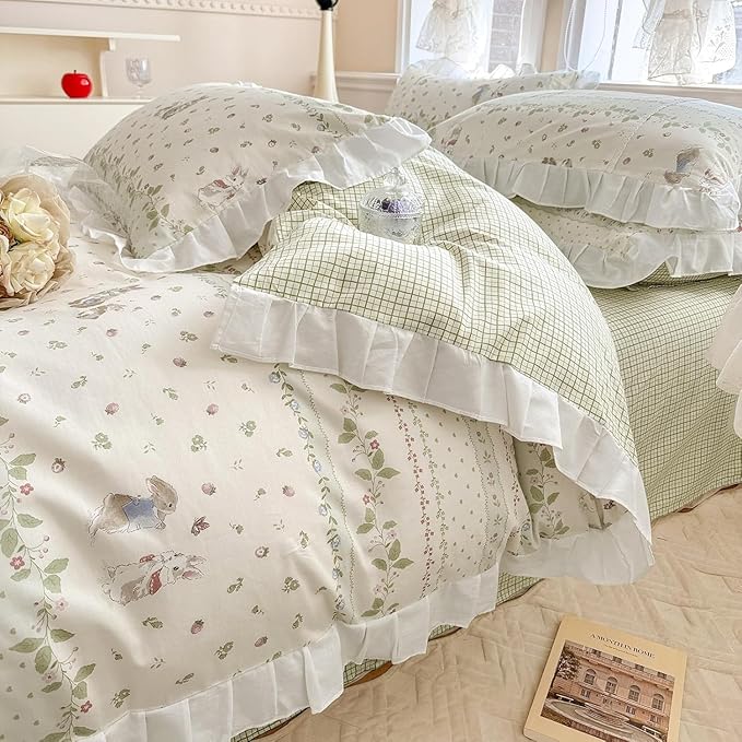 LifeTB Botanical Floral Comforter Set Full Size Cute Flower Leaves Rabbit Pattern Comforter Reversible Green Plaid Comforter Girls Princess Bedding Set Lace Ruffle Comforter Set for Kids Teen Girls