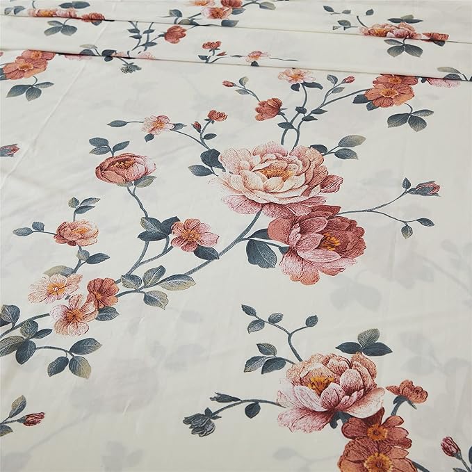 FADFAY Sheets Set Queen Shabby Beige Floral Bedding Elegant Peony Sheets Set Vintage Flower Bedding Collections Soft 100% Egyptian Cotton 800 Thread Count Deep Pocket Fitted Sheet, 4Pcs-Queen Size