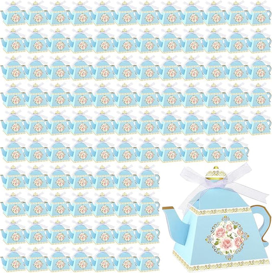 Jetec 100 Pcs Teapot Candy Box Floral Flower Tea Party Favor Gift Box Candy Boxes for Tea Garden Wedding Favors Bridal Showers Brunches Birthdays Decorations(Blue)