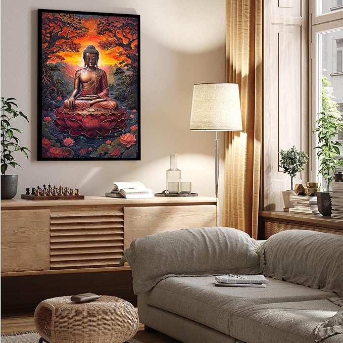 Golden Buddha on lotus seat serene meditation statue amidst lush trees flowing water and sunrise light spiritual home art for a tranquil decor 20x30in Metal blackFramed