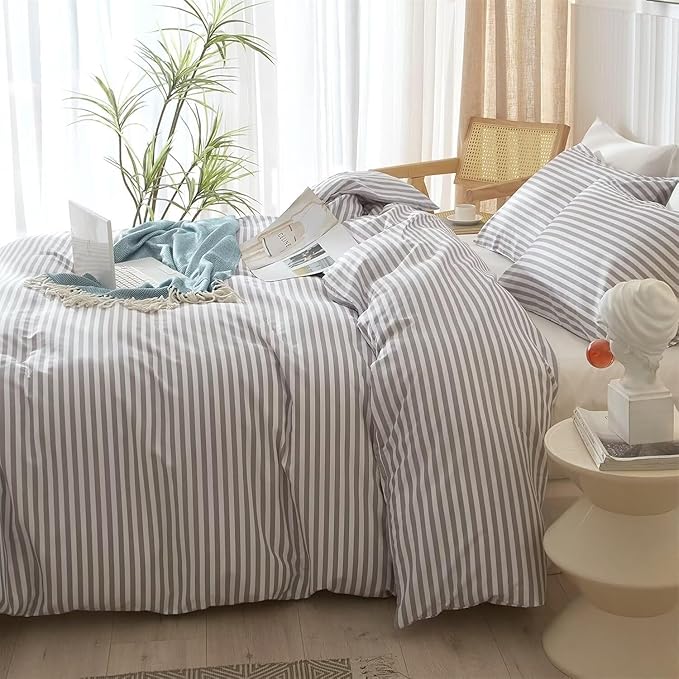 King Size Comforter Set 3 Pieces Striped Comforter Set King Modern Style Boho Bedding Comforter White Grey Stripes Pattern Comforter Set Fluffy Lightweight Farmhouse Bed Comforter for All Season