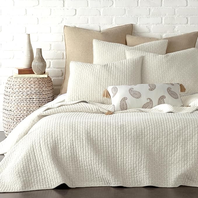 Levtex Home Cross Stitch Reversible Full/Queen Quilt Set (88x92in) with 2 Pillow Shams (26x20in) - Stitch Texture - Cream - Cotton Full/Queen Size Quilt Bedding Set - Lightweight, Soft, Pre-Washed