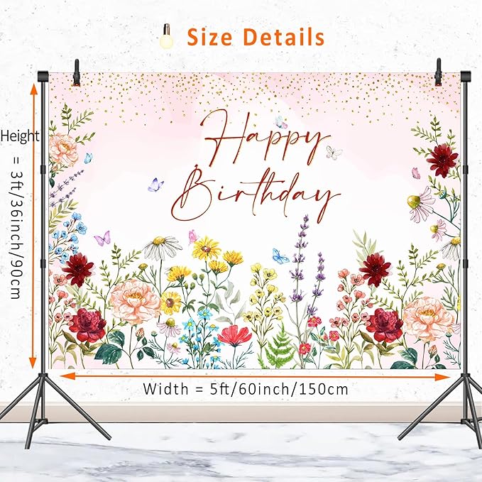 Wildflower Happy Birthday Backdrop Banner Girls Floral Birthday Decorations,Spring Watercolor Wildflower Bday Background Women Girls Wild Flowers Theme 1st Birthday Party Decor Photo Booth Props 5x3ft