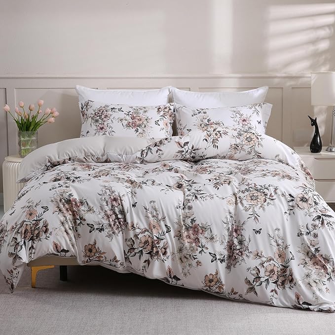 LONAVA King Floral 3 Pcs Duvet Cover Set, Breathable Soft Microfiber Light Grey Lining Comforter Cover with Zipper Closure, and 2 Anti-Pilling, Fade Resistant Pillowcases, Withered Flowers