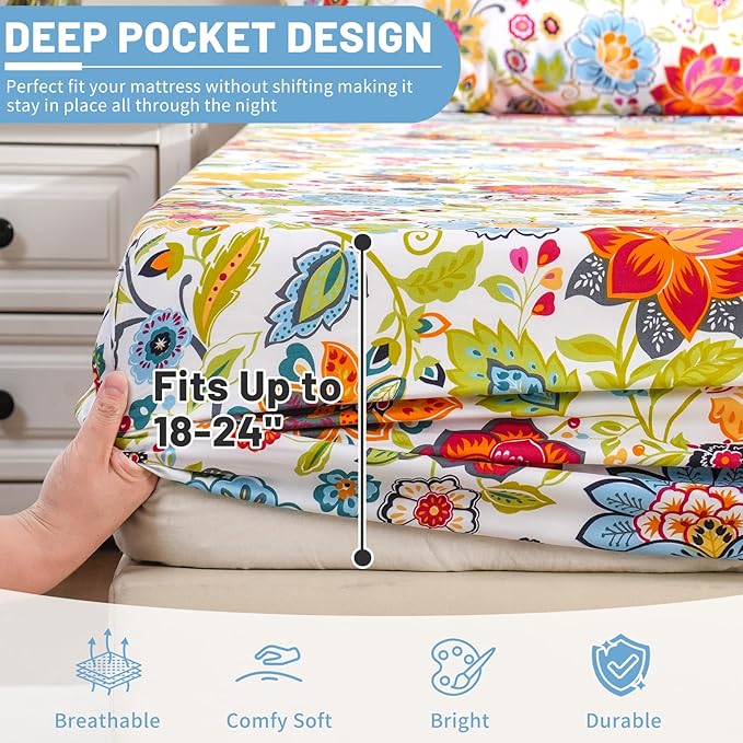 Bedlifes Queen Size Extra Deep Pocket Sheet Sets - Fits Mattresses Up to 18-24" Thick, 4-Piece Microfiber Set with 1800 Thread Count, Soft, Smooth, Breathable, Featuring Floral Spring Design