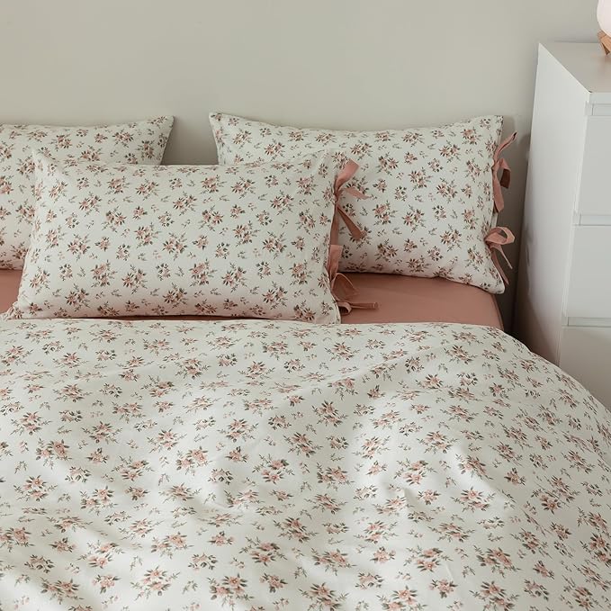 EAVD Vintage Style Garden Pink Floral Duvet Cover Full White Soft Cotton Chic Shabby Pink Floral Bedding Set with 2 Pillowcases Reversible Fresh Botanical Duvet Cover with Zipper Closure