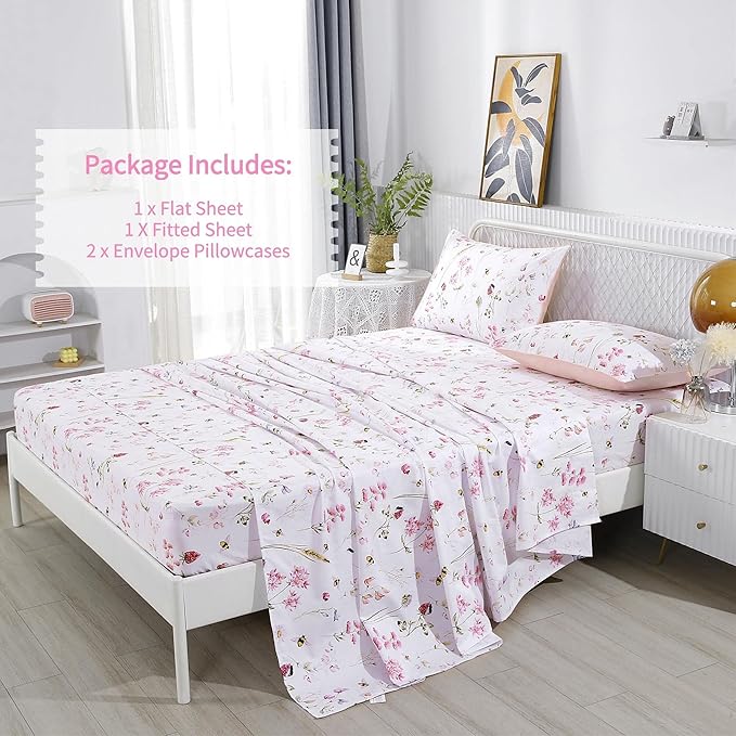 RYNGHIPY Shabby Floral Bees Print Bedding Sheets with Pillowcases, Breathable Egyptian Cotton Bed Sheet Set (Bee,Queen Size)