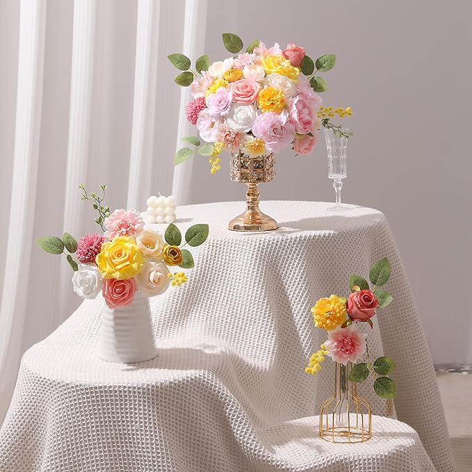 Artificial Flowers Combo, Mix Silk Flowers Roses, Peonies, Dahlias with Stems for DIY Wedding Bridal Bouquet, Baby Shower, Table Centerpieces, Home Decor, Floral Arrangements-Pink Yellow
