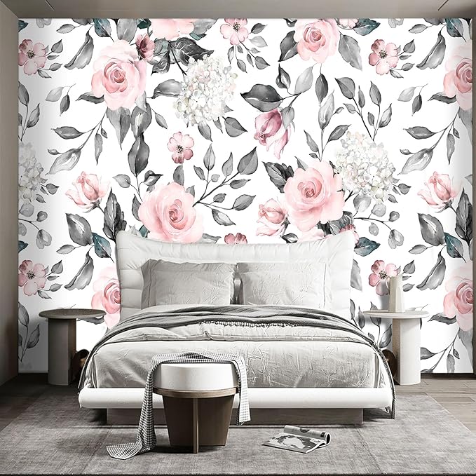 Grey Leaf Pink Flowers Wall murals Floral Peel and Stick Wallpaper for Bedroom Living Room - 85"x118"
