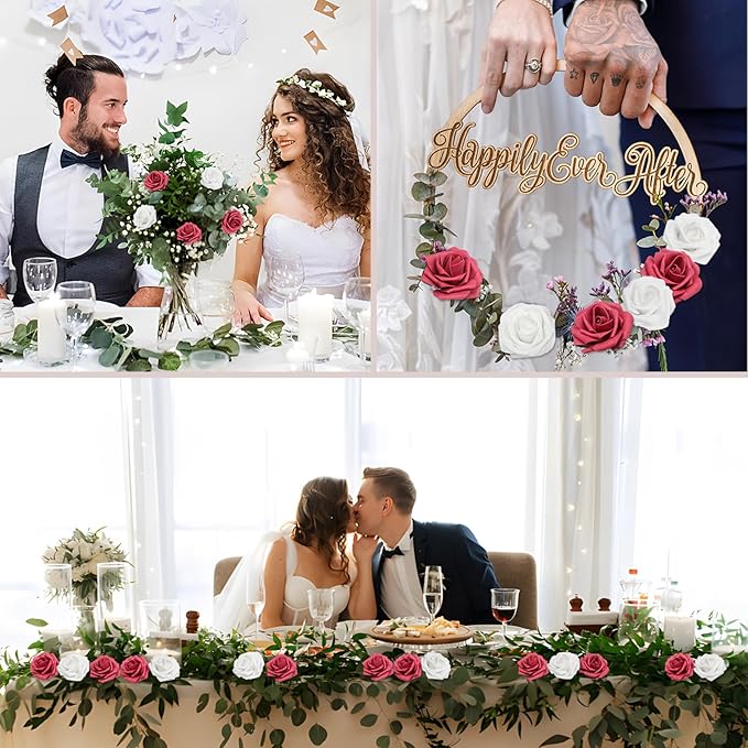 200PCS Burgundy & White Artificial Flowers Roses Real Looking Foam Fake Roses with Leaves for DIY Wedding Bouquets Bridal Shower Party Decorations (Wine red & White, 200)