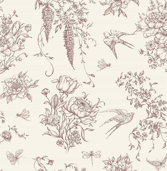 Vintage Floral Peel and Stick Wallpaper Red Floral Contact Paper 16.9"x118.1" Cream White and Red Flowers Bird Self Adhesive Wallpaper for Bathroom Waterproof Removable Wall Paper Cabinets Decorative